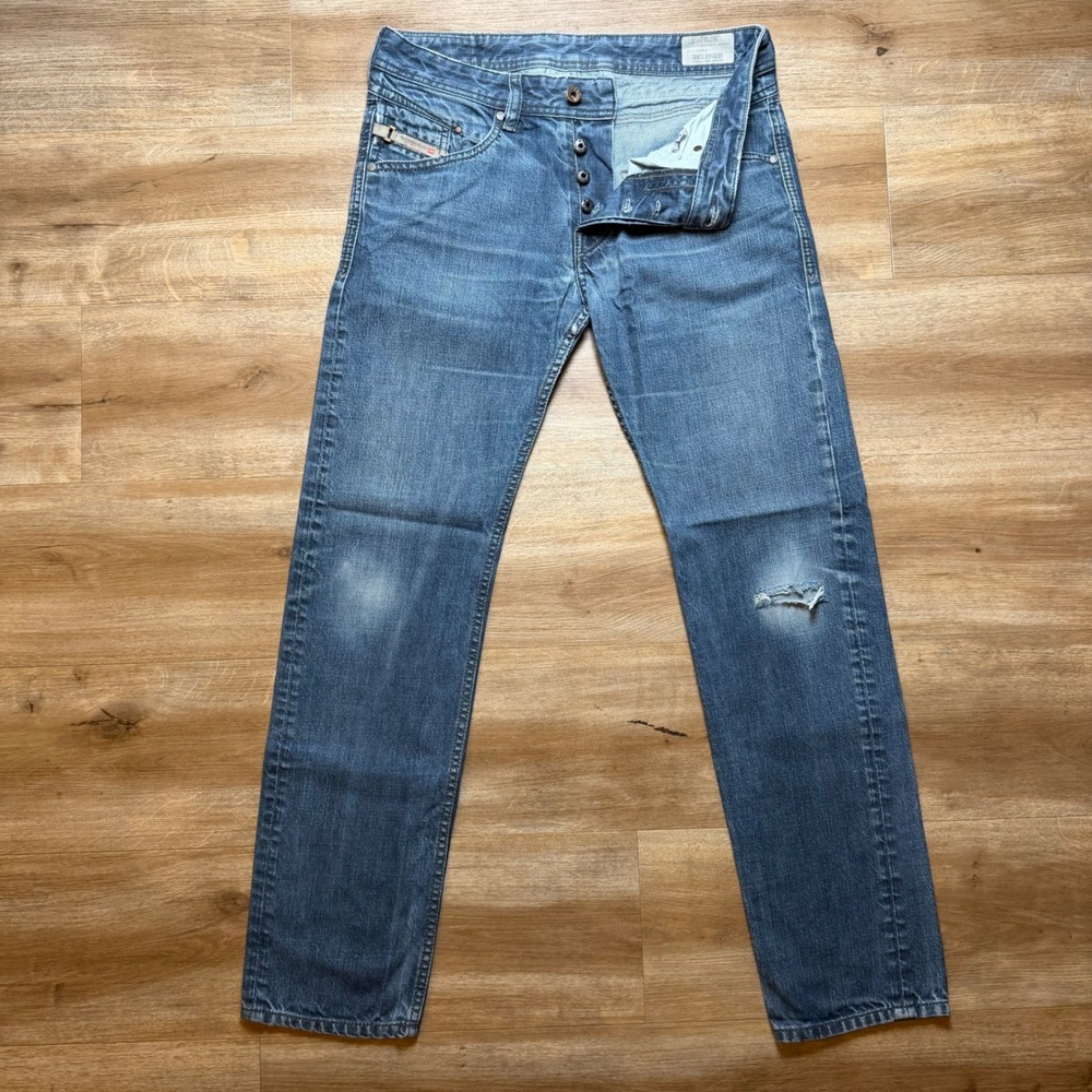 Diesel Belther Jeans Mens 30x30 Blue Regular Slim Tapered Thrashed Faded 0088Z